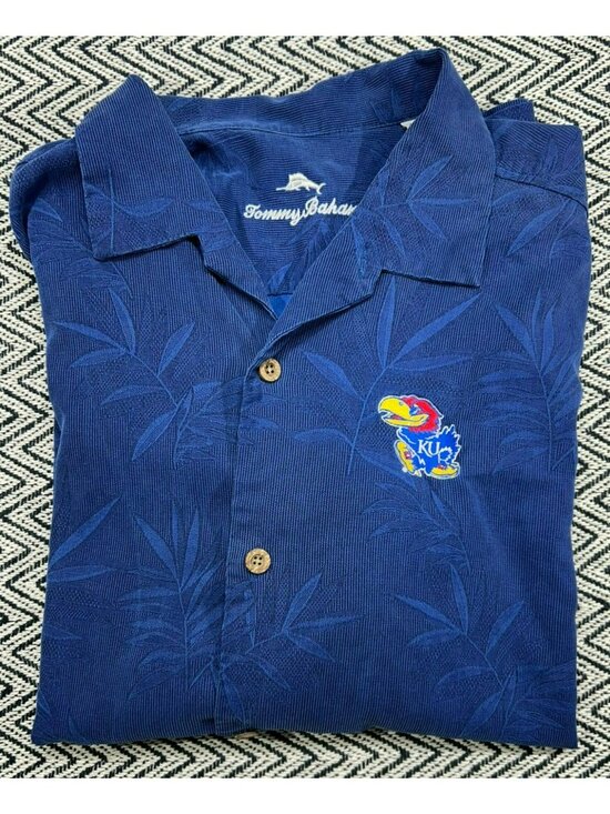 Tommy Bahama Other - Tommy Bahama Men's Silk XL Blue Button-Up Kansas Jayhawks KU Logo Tropical Leaf